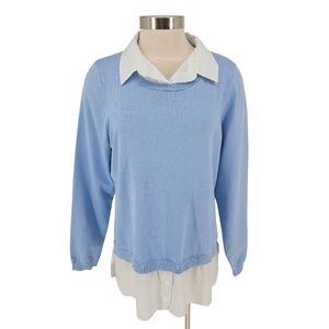 Adrianna Papell Sweater Blue Polka Dot Collared Long Sleeve Pullover Top XL